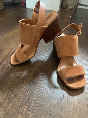 Tory Burch Tan Suede Two-Band Slingback Wedge Sandals